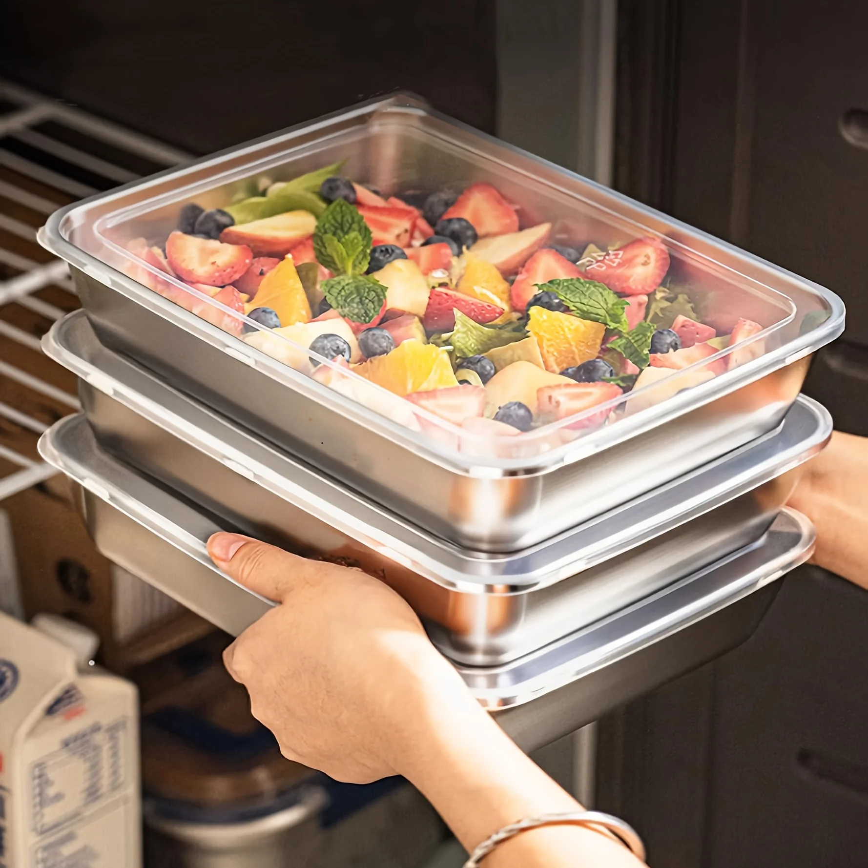 Outdoor Hunting Kitchen - กล่องใส่อาหารสแตนเลส 3 ชิ้น & กล่องอาหารกลางวัน ฝาปิดใสกันรั่วซึม