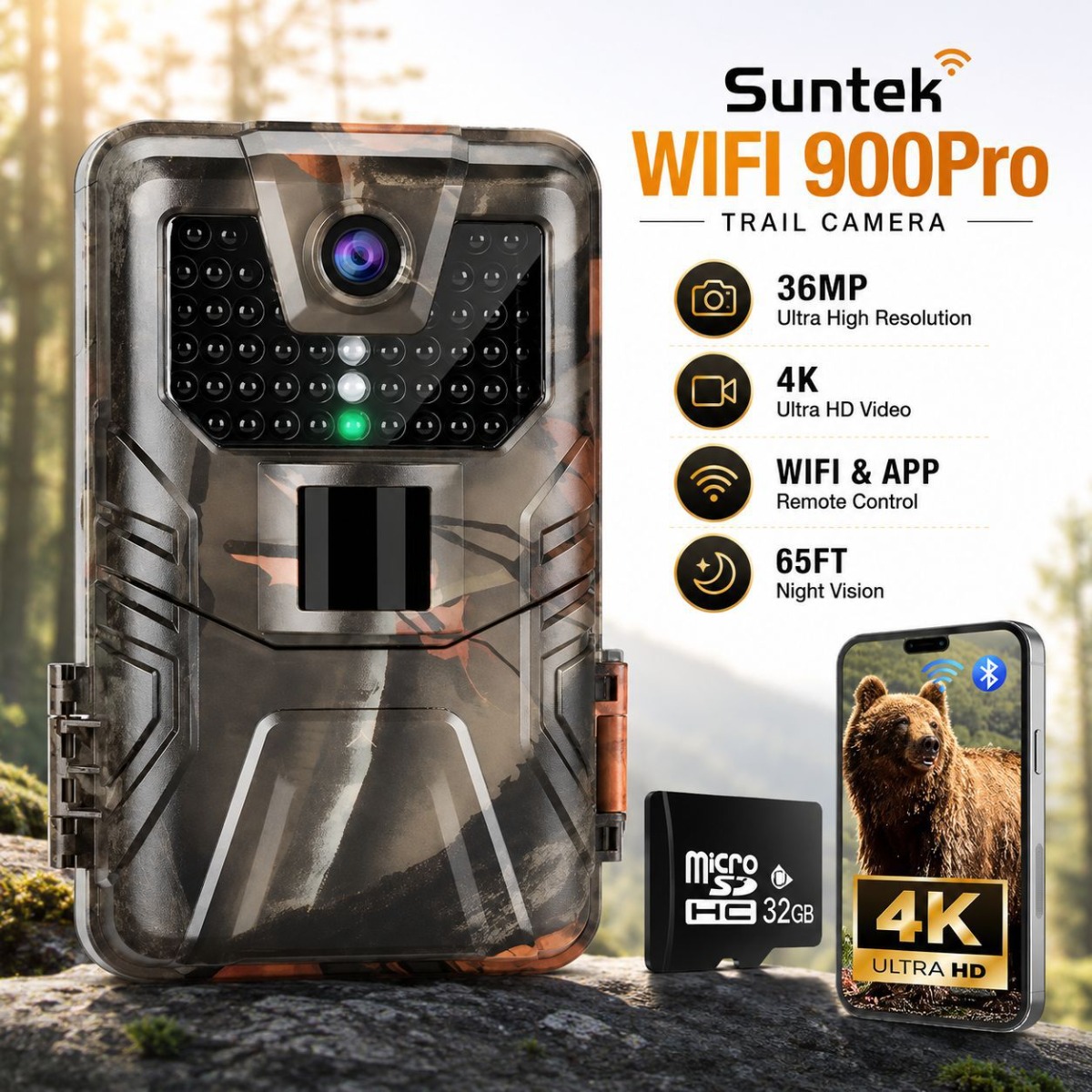 Outdoor Hunting Camera Wifi - กล้องล่าสัตว์กลางแจ้ง 4K พร้อม Wifi ควบคุมผ่านแอป กล้องติดตามไร้สาย