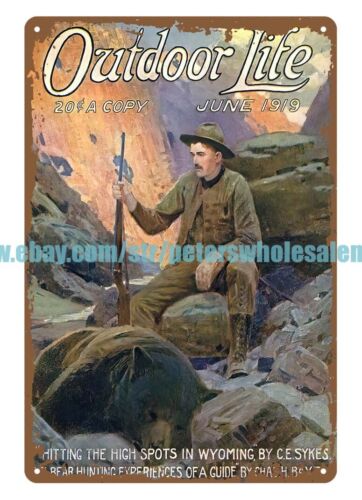Outdoor Hunting Pictures - ป้ายโลหะลายปืนล่าหมี 1919 Outdoor Life สำหรับตกแต่งผนัง